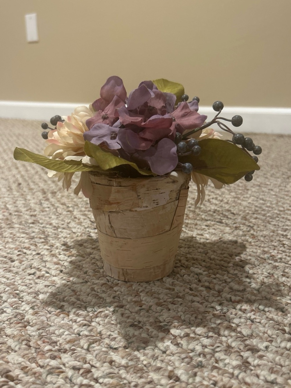Birch Pot with Purple and Cream Artificial Flowers - Unbranded
